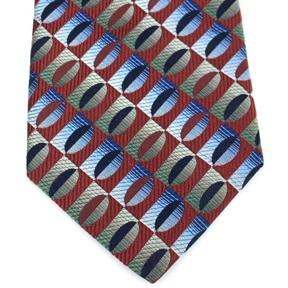 Jhane Barnes Men's Tie 100% Silk Auburn Red w/ Green Blue Geometric Necktie 60" - Picture 2 of 11